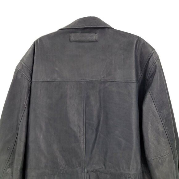 Vintage 80's John Ashford Leather Coat Anorak Jacket Collared Drawstring Black L - Picture 10 of 16